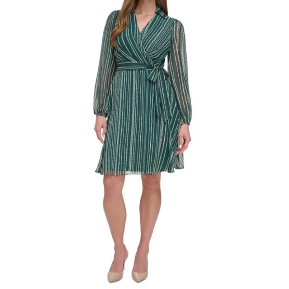 NWT DKNY Green Printed A-Line Faux-Wrap Long Balloon Sleeve Dress Size 8